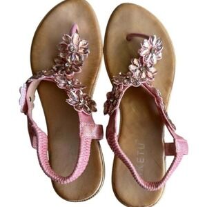 Sitketu Thong Sandals Pink Sparkling Floral Detail Elastic Strap Beach Vibes 38